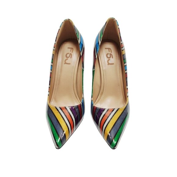 FSJ Womens Pointed Toe Chain Heel Striped Multicolor Pumps Size 8 - Picture 4 of 11